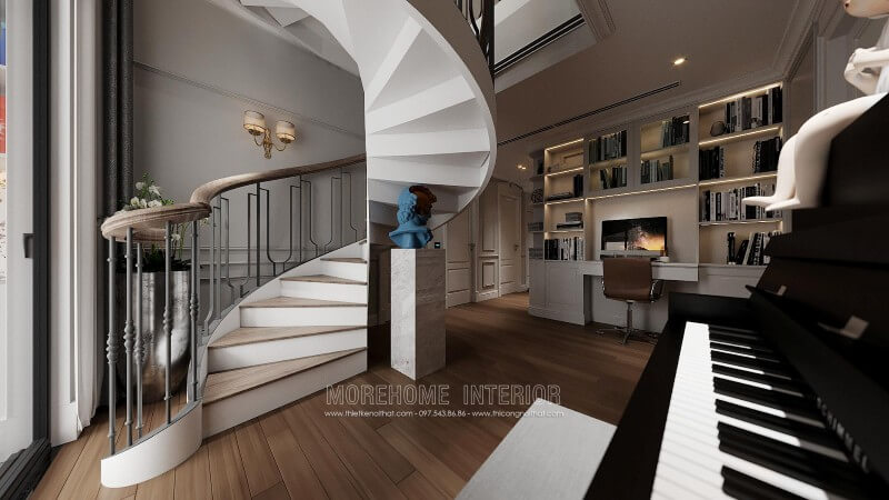 Cầu thang gỗ phên sắt, song sắt